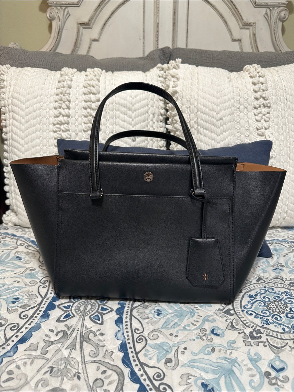 Tory Burch Black Leather Parker Tote with Tan Interior Trim